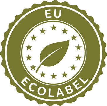 Eu ecolabel olive green stamp emblem with leaf and stars symbol vector illustration isolated on transparent background