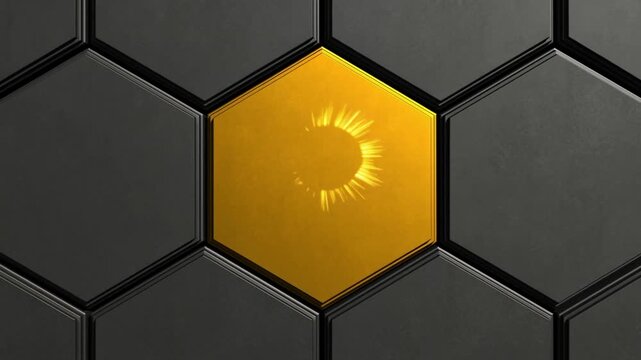 黄金のピースが中心に嵌合し光のネットワークが起動する漆黒のハニカム構造