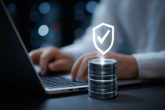 Secure database and information security solutions. Network storage and data protection. Businessman using laptop computer. Shield and check mark icon