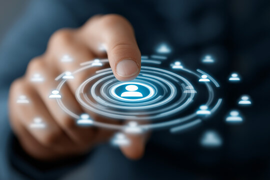Targeting and personalization of customer communication. Marketing automation system. Marketer tapping a customer icon