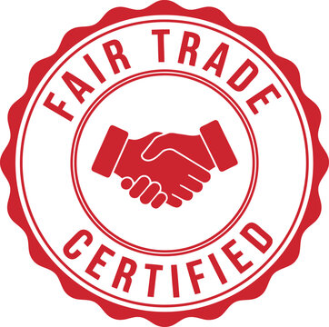 Fair trade certified handshake agreement symbol in circle round red stamp for business partnership
