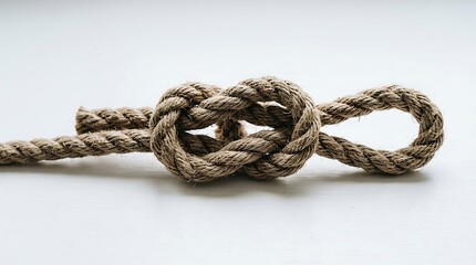 Obraz premium A sturdy figure eight knot tied in a grey braided nylon rope for climbing and sailing safety