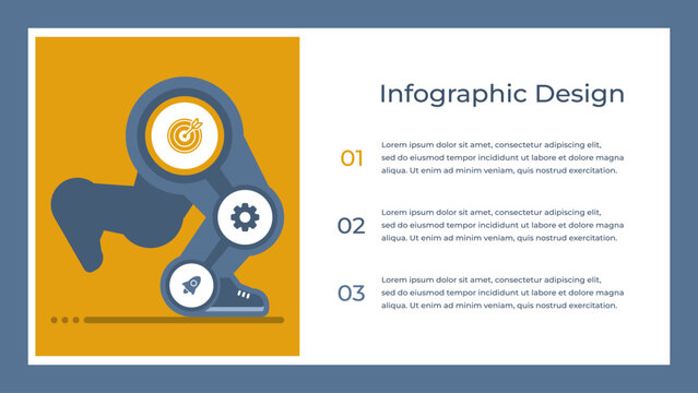 Dynamic business infographic with 3 step process workflow and running progress concept