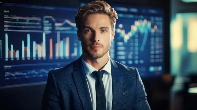 A suited man with closed eyes stands before a digital display of charts and graphs