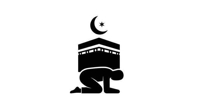 Muslim Man Prostrating in Prayer in Front of Holy Kaaba and Crescent Moon Icon