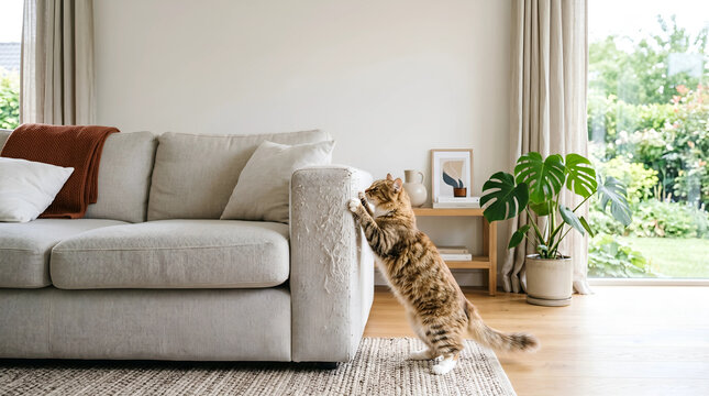 Cat Scratching Sofa in Bright Living Room