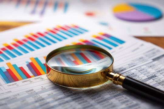 Analyzing and gathering statistical data. Growth charts. Many business reports and magnifying glass
