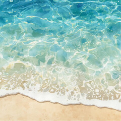 Obraz premium Serene ocean waves gently lapping onto a sandy beach shore with clear blue water and white foam