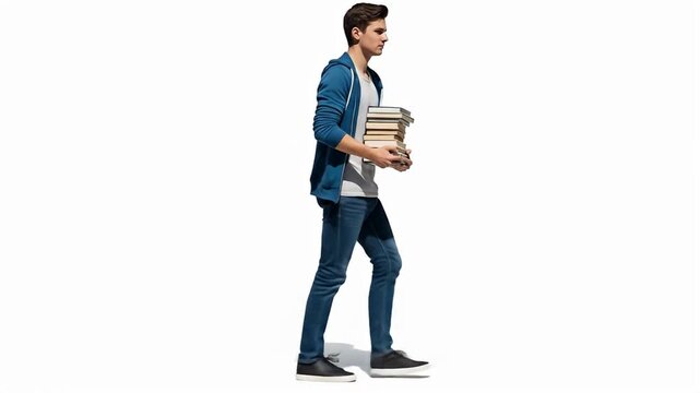 Young man walking with a stack of books, wearing jeans, hoodie, and casual shoes