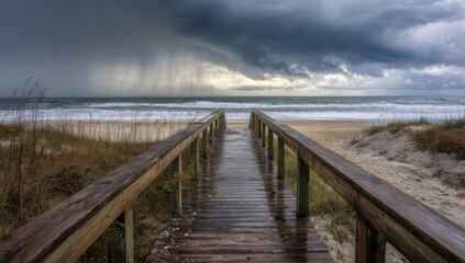 Obraz premium Wooden Boardwalk Leads to Stormy Beach with Dramatic Clouds.