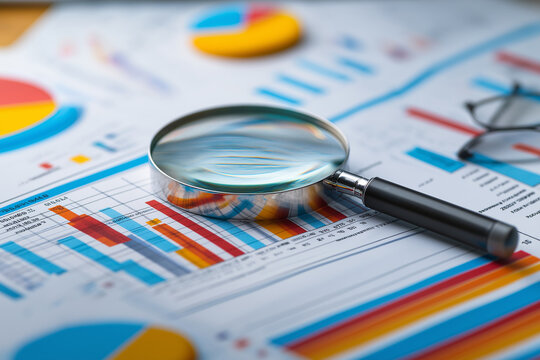 Analyzing and gathering statistical data. Growth charts. Many business reports and magnifying glass