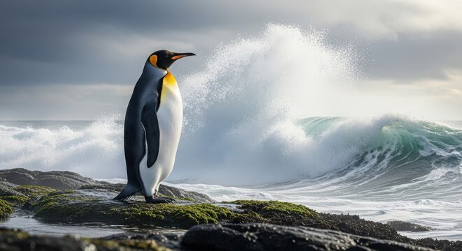 king penguin standing on rocky shore with crashing ocean waves and dramatic clouds