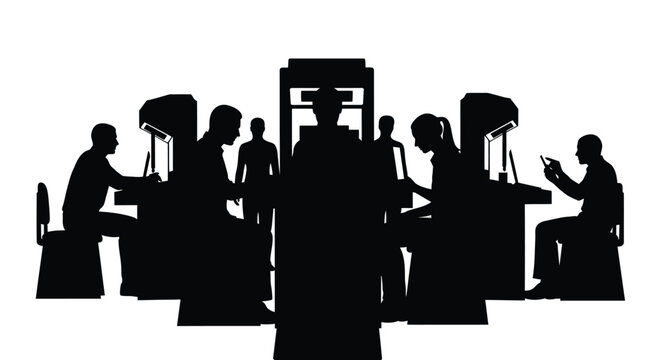 Silhouette illustration of people working in an office environment with computers and desks