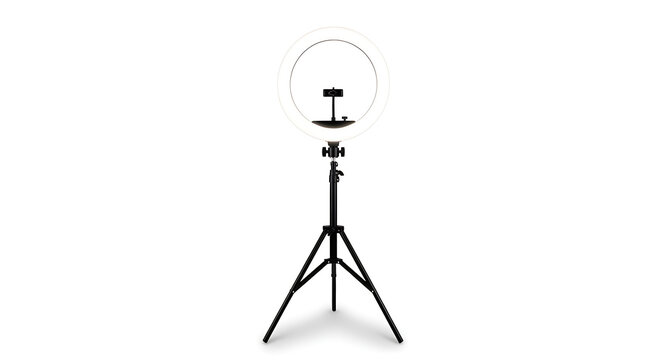 A professional LED ring light kit featuring a glowing circular lamp mounted on a sturdy, adjustable black tripod stand, isolated on a clean white background. 