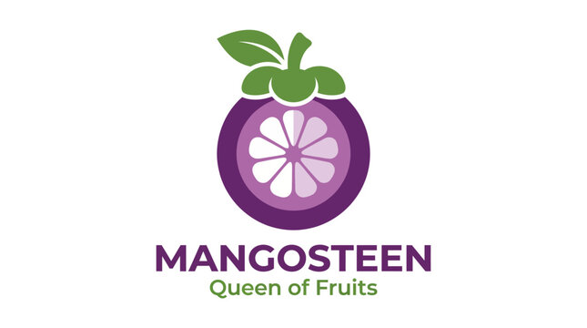 A unique logo design celebrating the mangosteen fruit, adorned with a royal purple hue and lush green leaves, symbolizing its nickname as the 'Queen of Fruits' in vibrant style.