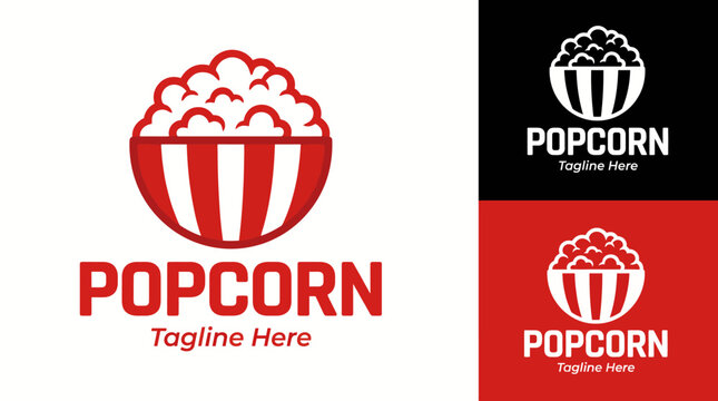 A playful and vibrant popcorn logo featuring a classic bowl, perfect for snack branding in cinema and food industries, conveying fun and enjoyment.