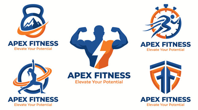 A visually striking collection of Apex Fitness logos designed to convey strength, motivation, and a dynamic approach to fitness, suited for evolving fitness brands.
