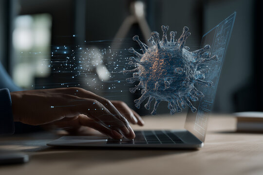 Cyber attacks against AI. Adversarial prompt injection attacks. Hacker attempting AI data and model poisoning using laptop computer