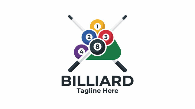 A dynamic billiard logo featuring colorful pool balls, cue sticks, and a triangle rack, ideal for promoting pool halls or billiards-related businesses with style.