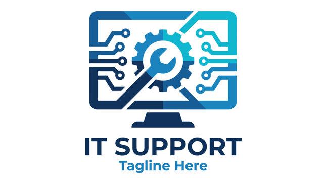 A sleek logo design featuring a computer and gear with circuit elements, representing IT support and technology services, ideal for tech support brands and companies.