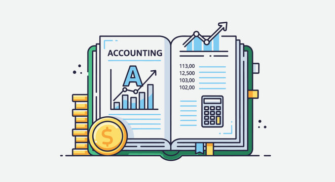 Accounting book with financial charts and coin stack illustration