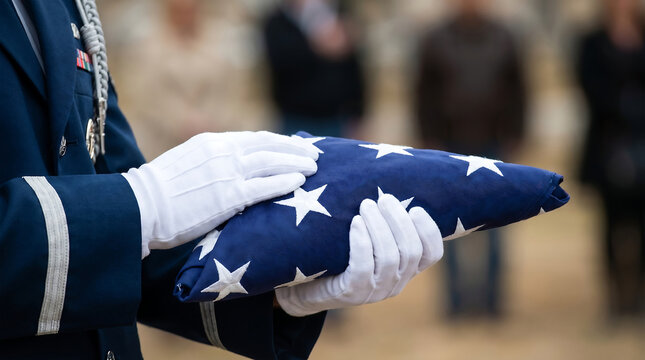 Soldier Holding Folded American Flag with White Gloves for Military Funeral and Veterans Day Tribute