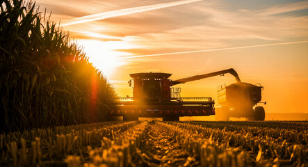 Combine harvester harvesting corn at sunset. Farm machinery transferring grain into a tractor trailer. Agricultural harvest concept for industry marketing and food production.