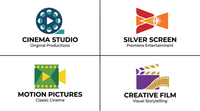 A creative compilation of cinema studio logos representing film and storytelling concepts, highlighted by film reels and vibrant colors for captivating entertainment branding.