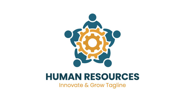 A vibrant logo representing human resources with interconnected figures symbolizing teamwork, growth, and cooperation in a modern corporate setting.