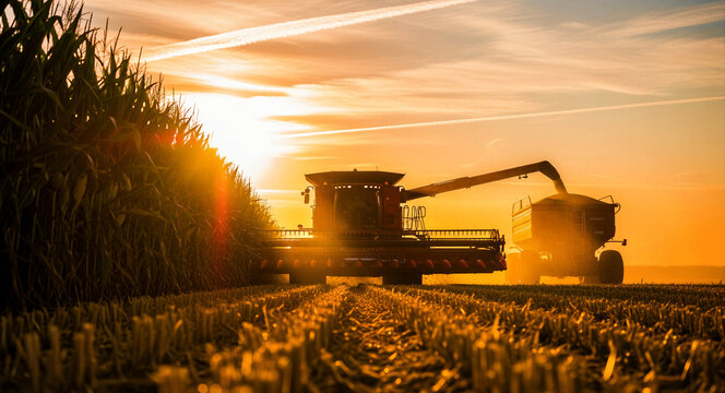 Combine harvester harvesting corn at sunset. Farm machinery transferring grain into a tractor trailer. Agricultural harvest concept for industry marketing and food production.