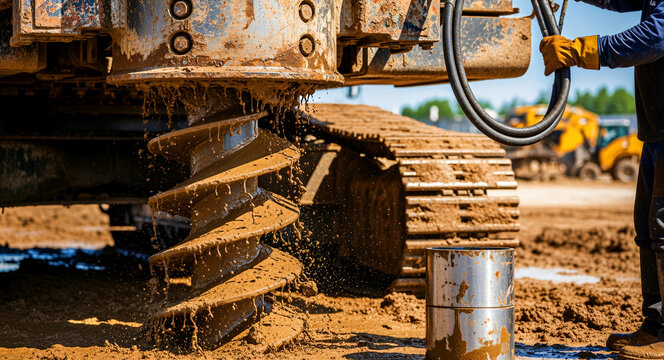 Industrial auger drill bit covered in mud at a construction site. Worker prepares equipment for geotechnical soil sampling and foundation work. Civil engineering and infrastructure concept.