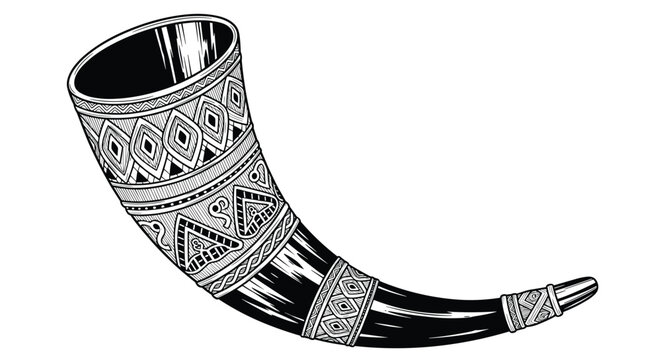 Ornate black and white drawing of a traditional drinking horn or blowing horn with intricate geometric patterns.