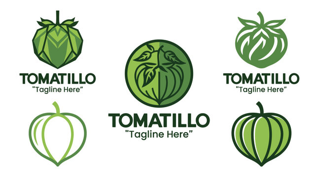 Featuring multiple tomatillo logo designs, this image emphasizes vibrant green colors highlighting this unique vegetable&mdash;ideal for food-related ventures or branding.