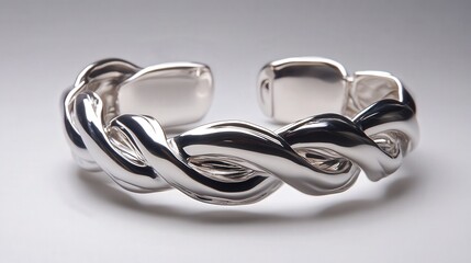 Fototapeta premium Elegant sterling silver bangle bracelet showcasing intricate braided interwoven design with polished reflective surface under soft studio lighting on a clean neutral background