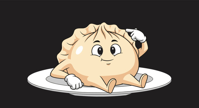 Cute cartoon dumpling or gyoza character sitting on a white plate with a relaxed pose on a dark background for menus.