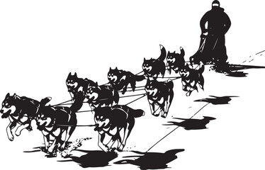 Fototapeta premium team of huskies pulling sled with musher in snowy landscape vector illustration,Generative Ai