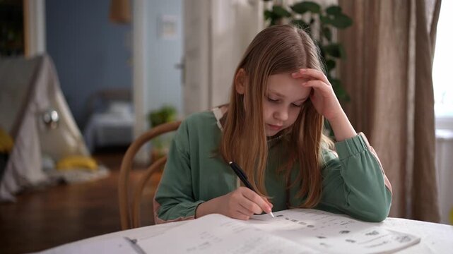 Young girl hunched over worksheet, forehead resting on hand while writing, pen and eraser on table, living room teepee and plant in background, tense focused .