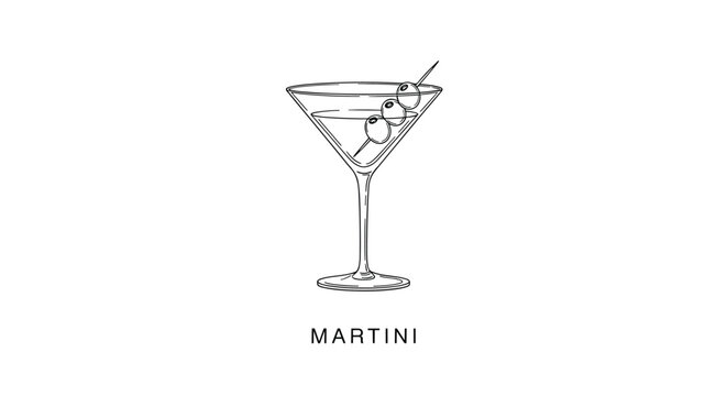 Classic martini cocktail illustration in a glass with three olives on a toothpick and text below on white background.