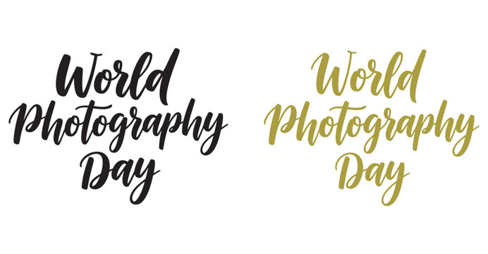 World photography day handwritten calligraphy text in black and gold script fonts isolated on a white background vector art World Photography Day