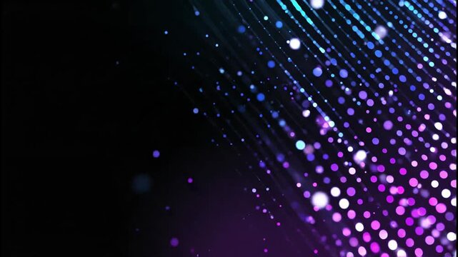 A cascade of vibrant purple and white lights streams diagonally across a dark background, creating a dynamic and ethereal effect.