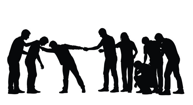 Silhouette illustration of people reaching out to help each other in a supportive gesture together