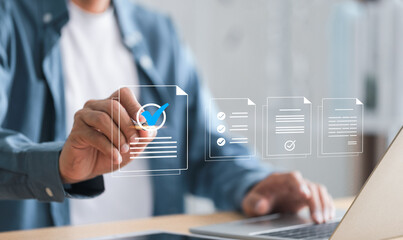 Obraz premium Digital Data Verification and Management , businessman working using smart technology of documents and check mark, symbolizing document validation, compliance, and approval workflow