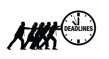 Obraz premium Group of businesspeople pushing a large clock with deadlines