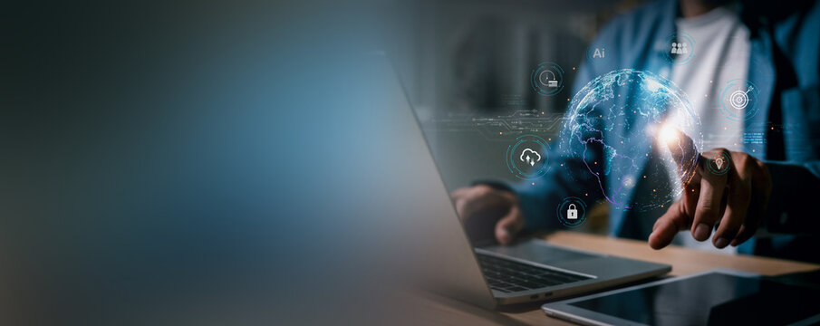 Businessman using Global analyzing big data , Analyzing businessman processing datasets on digital interface, predictive analytics, massive information, AI insights, scalability.