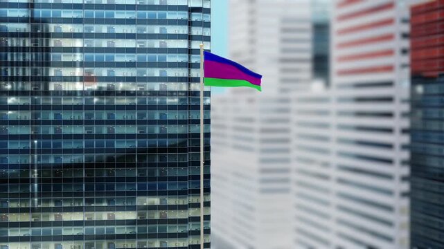 Kuban Peoples Republic Flag 3D Render Animation on Pole with Modern City Buildings - Shallow Depth of Field, Daytime View