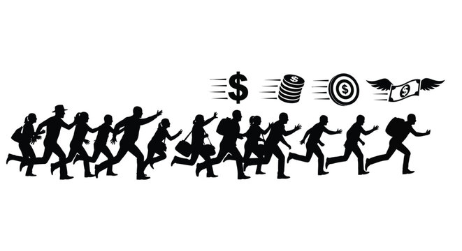Silhouette illustration of people running towards money symbols in a competitive graphic design