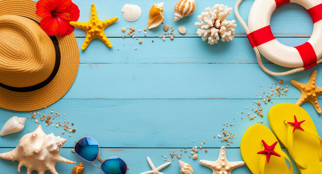 Summer beach accessories arranged on a blue wooden background. Top view of straw hat, flip-flops, sunglasses, and shells forming a frame. Tropical vacation concept with copy space for text.