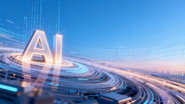 AI Illuminated in Digital Data Spiral with Binary Code Background