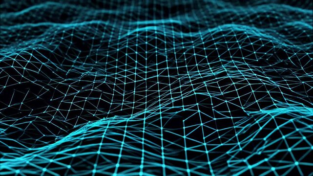 Abstract blue glowing wireframe mesh with undulating waves on a dark background, representing digital data or network connections.