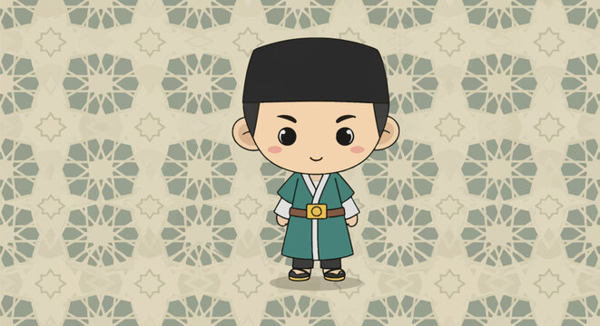Cute chibi Muslim boy character wearing a traditional green robe and black songkok hat standing against a pale beige Islamic geometric star pattern background in vector illustration.